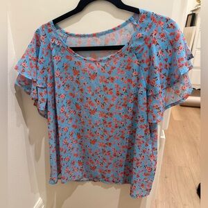Light turquoise with coral & Red Floral Blouse